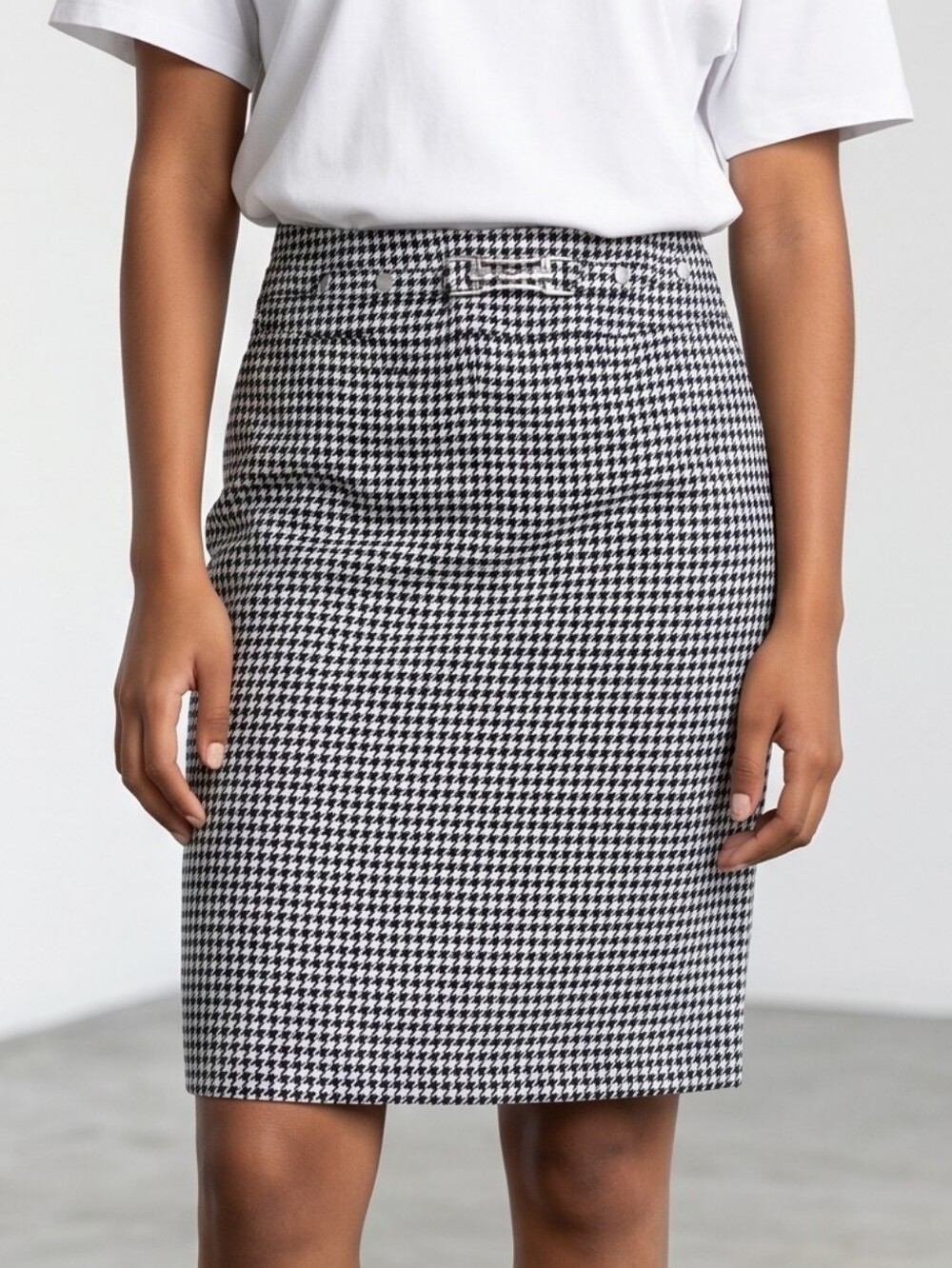 Soho Apparel Black & White Houndstooth Pencil Skirt with Button Waist